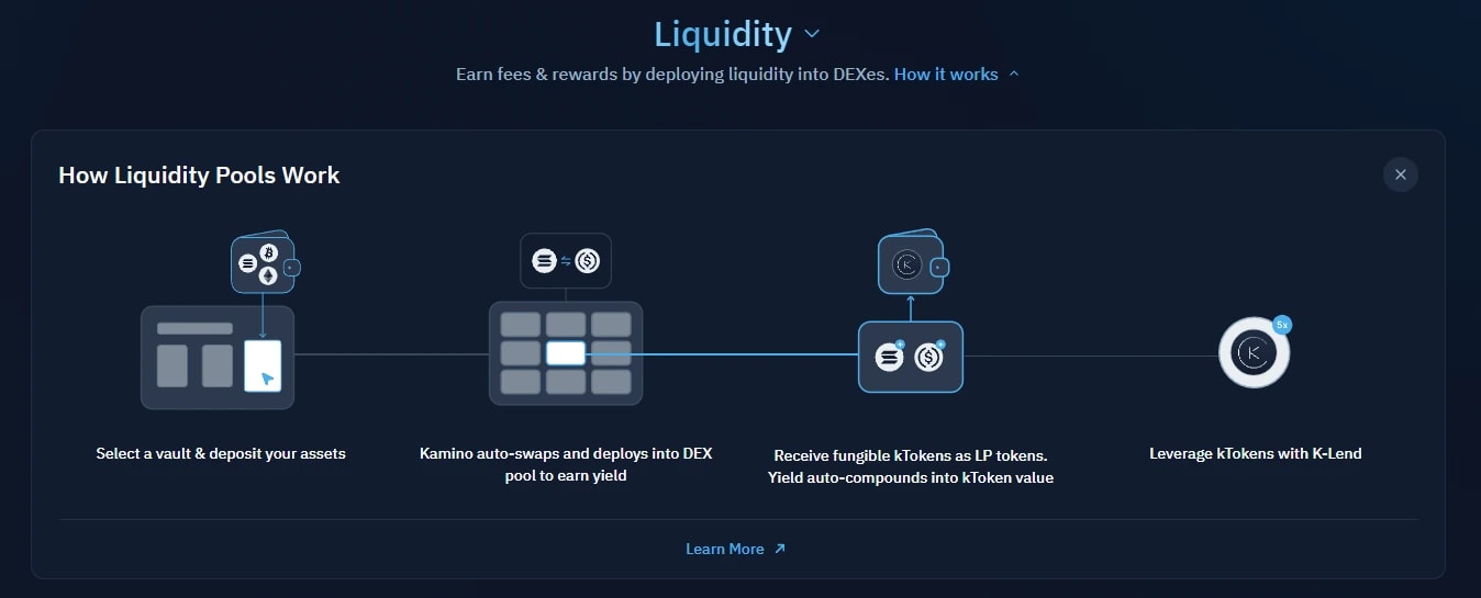 11. Illustration of liquidity pool operations showing vault deposits, DEX auto-swaps, yield generation, and token leverage.