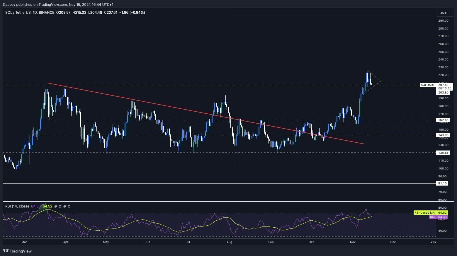 6. Solana’s price action chart with key support levels, resistance areas, and a bullish pennant pattern on the daily timeframe