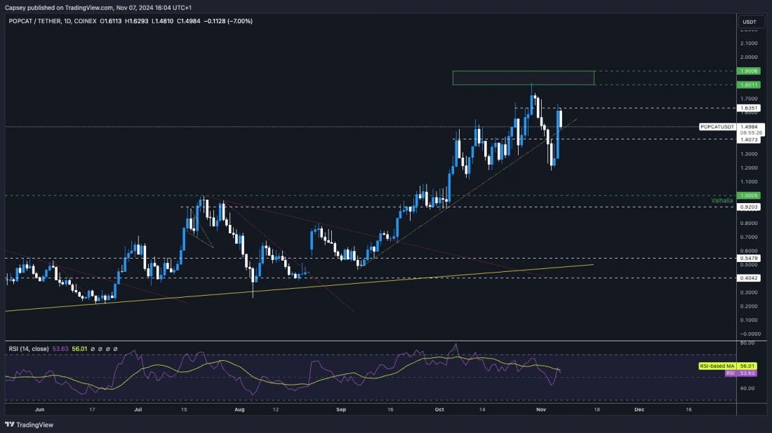 8. POPCAT price chart showing support-resistance, uptrend lines, and RSI data, indicating potential breakout zones.
