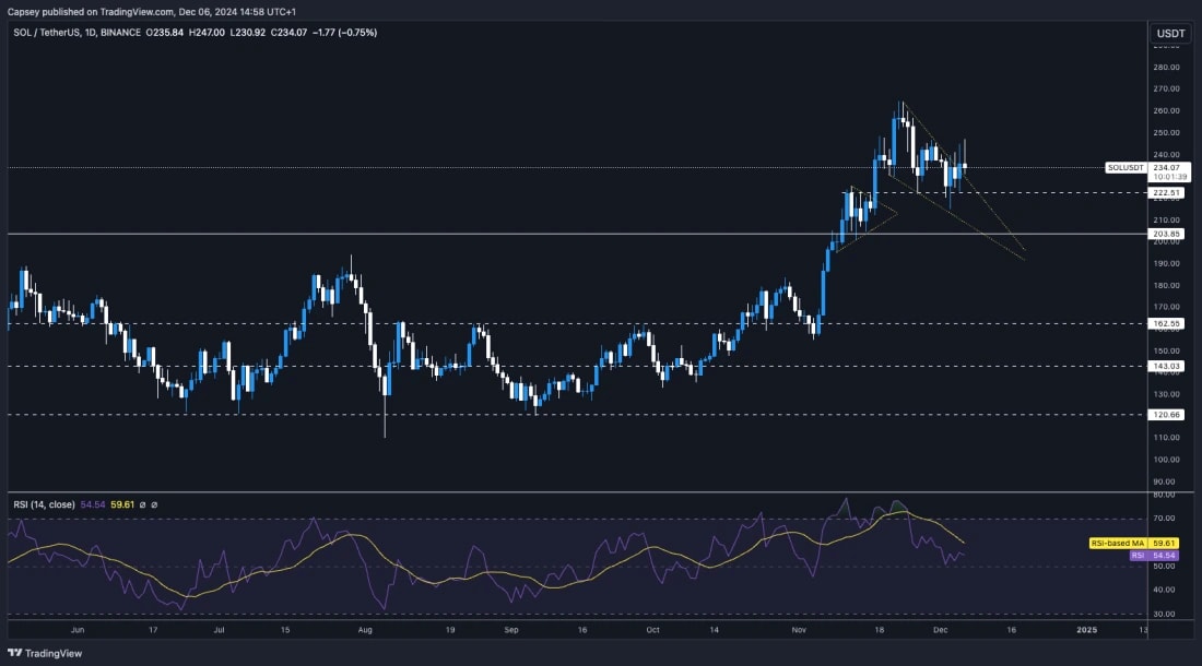 6. Daily Solana price chart depicting recent resistance, support levels, and RSI positioning for potential breakouts.