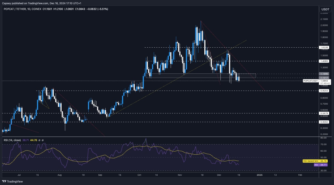 8. POPCAT-USDT technical chart showing price testing support at $1.04, key resistance at $1.19, downtrend line, and RSI near 38.7