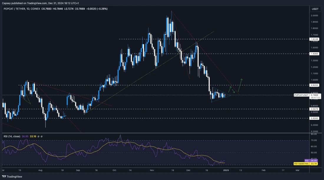 8. POPCAT daily chart showing a bearish pennant with support at 0.70 and potential breakout to 0.92.