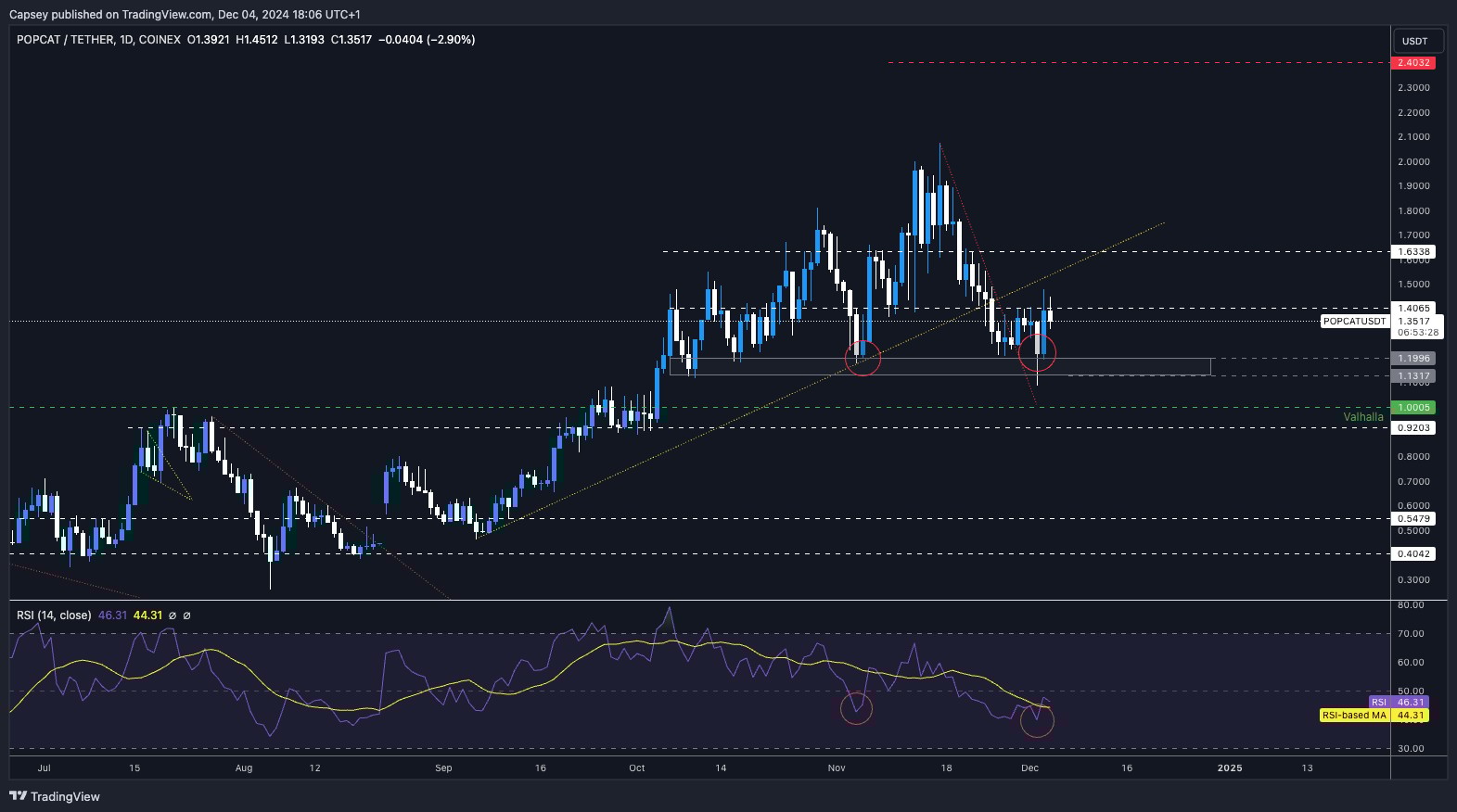 8. POPCAT price chart highlighting support levels at $1.1996 and $1.1317 with RSI showing recovery from oversold territory.