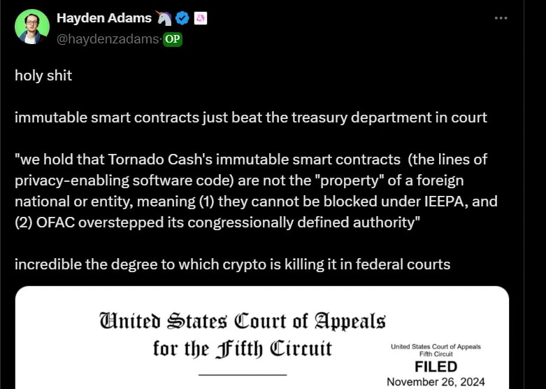 8. Screenshot of a tweet explaining Tornado Cash smart contracts ruling, emphasizing cryptos legal victories in federal courts.