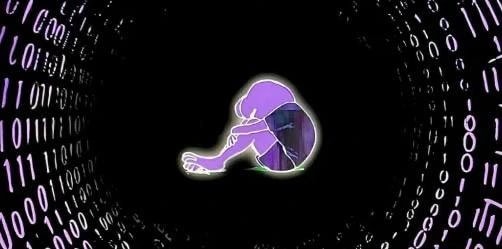 12. Futuristic illustration depicting a person in a digital environment surrounded by binary code, emphasizing technology and isolation.