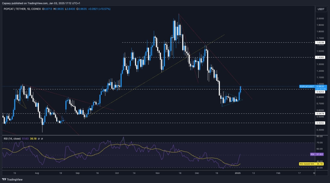 14. POPCAT daily chart signaling breakout from consolidation, RSI moving upwards, with resistance levels at $1.40 and $1.63 in sight.