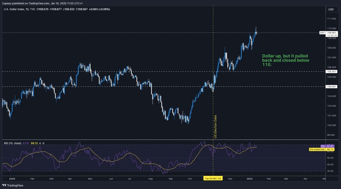 2. U.S. Dollar Index (DXY) daily chart illustrating a rise to 109.56, pulling back below 110, with RSI trending upwards.