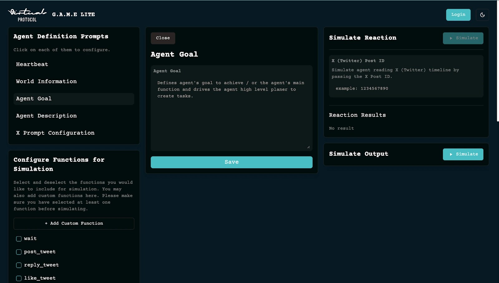 3. User interface for G.A.M.E. Lite protocol showing agent goal configuration and function simulation with a clean, dark theme.