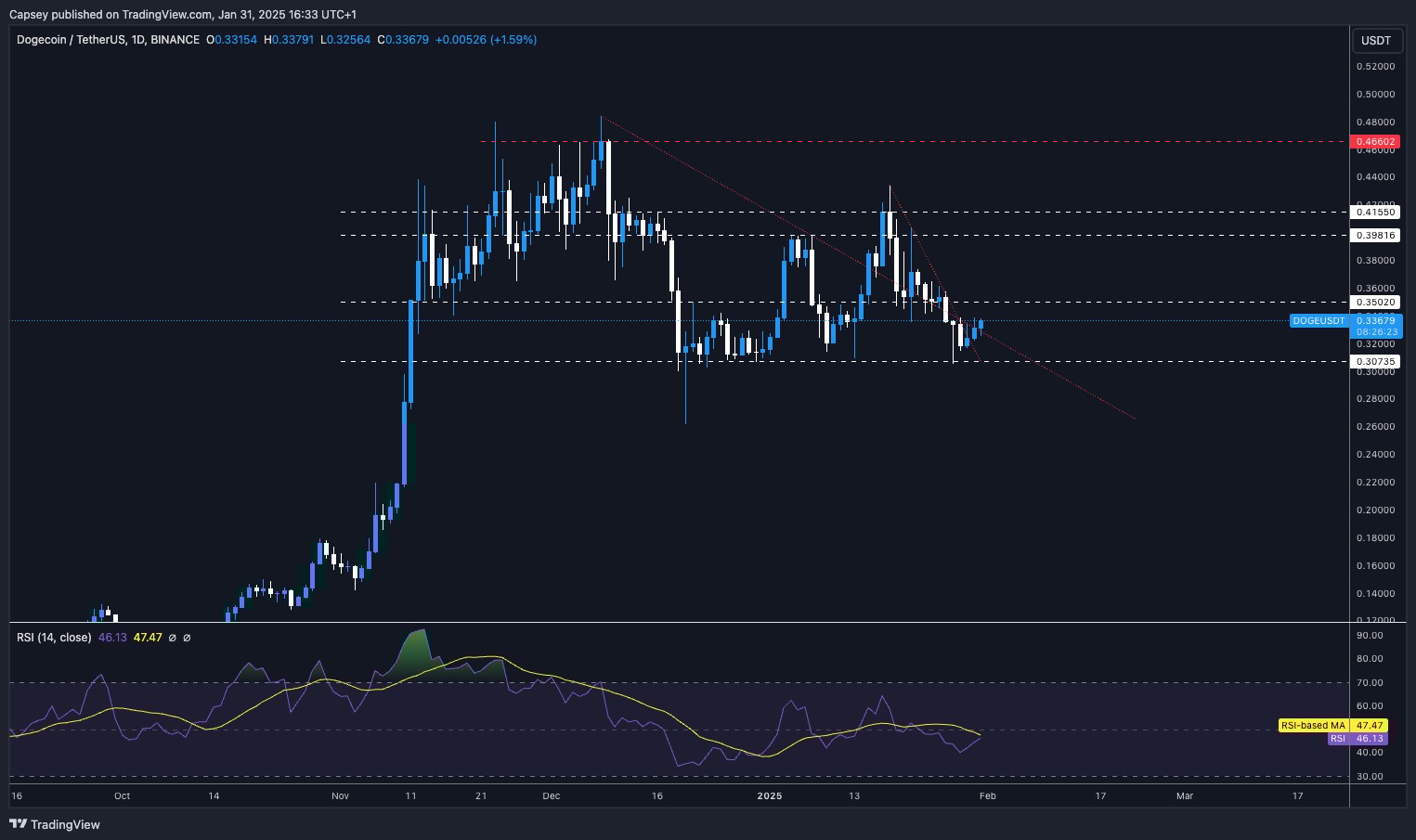 7. DOGEUSDT daily candlestick chart with resistance and support levels, downward trend line, and RSI indicator suggesting potential movement.