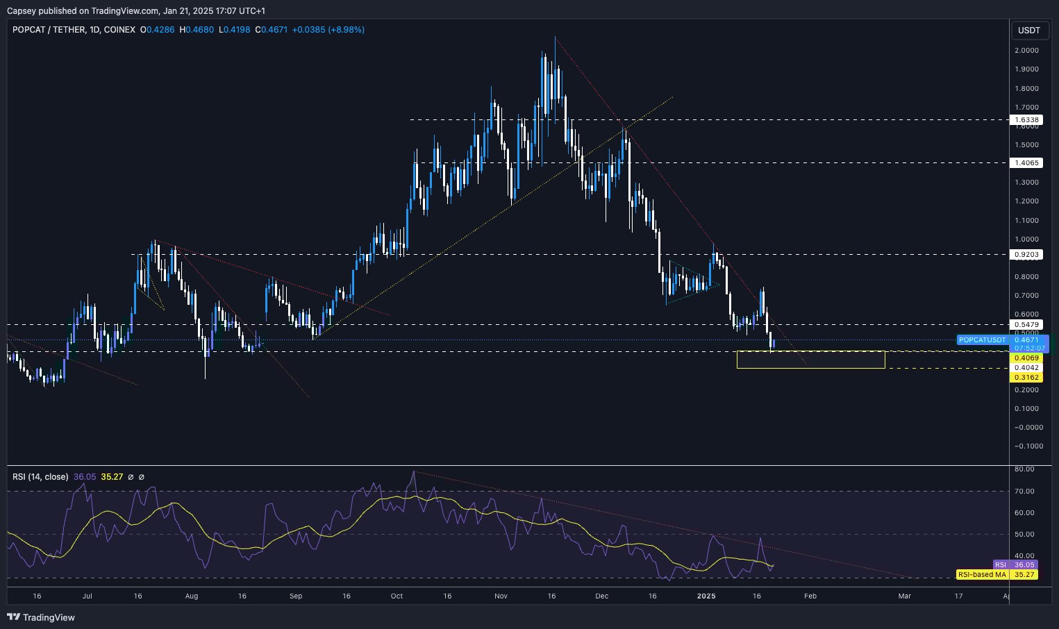 8. POPCAT price chart showing resistance at $0.92, support levels at $0.40 and $0.31, with RSI momentum analysis included.