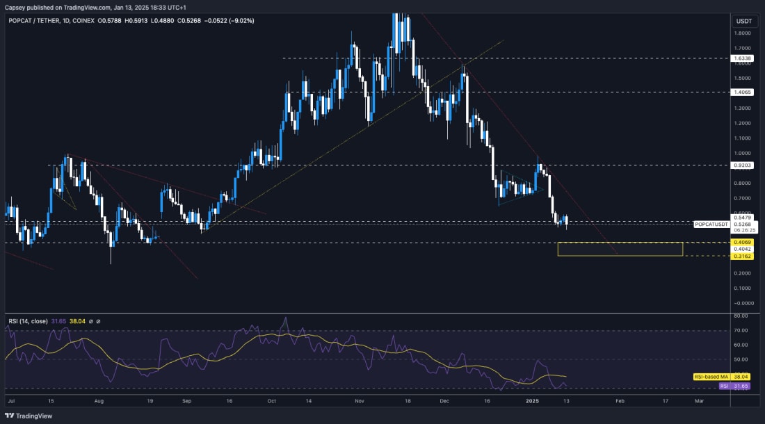 8. Technical chart showing POPCATUSDT price movement with support levels, resistance zones, and RSI trends indicating bearish momentum.