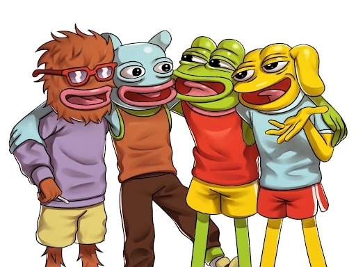 1. Four anthropomorphic characters with exaggerated cartoonish features, including Pepe the Frog-style faces, embracing each other in a friendly manner.