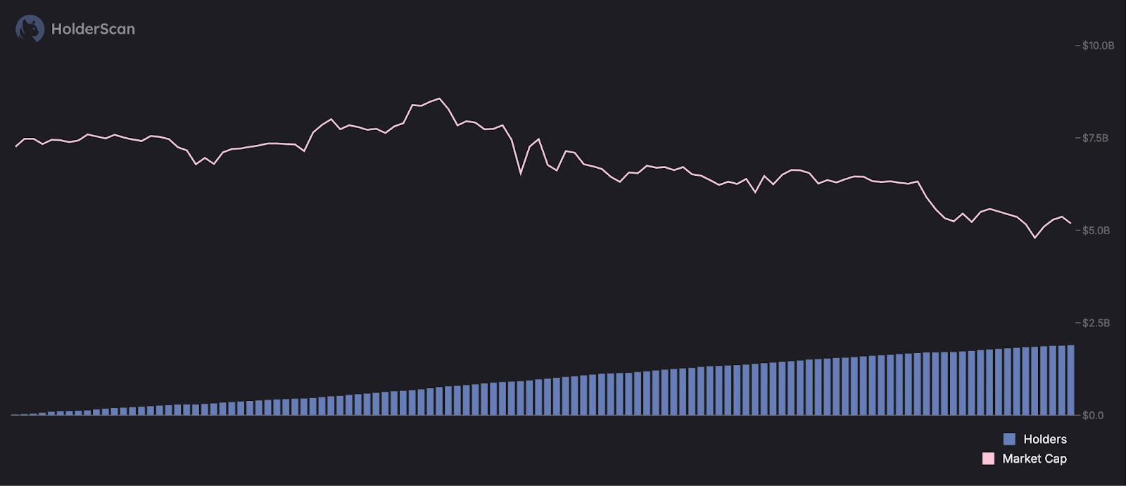 3. A HolderScan dashboard displaying a market cap trend with a declining price chart while the number of holders steadily increases.