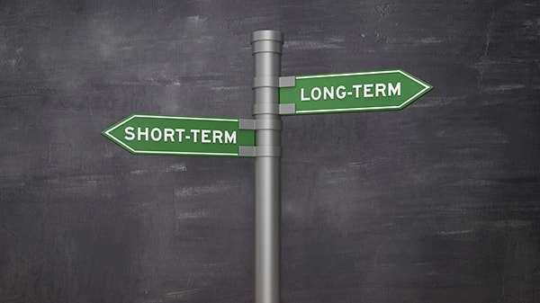 3. A signpost with two green arrows pointing in opposite directions labeled Short-Term and Long-Term, representing decision-making, investment strategies, or planning.