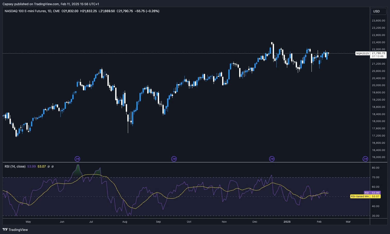 3. Nasdaq 100 E-mini futures daily candlestick chart with RSI indicator, showing price stability near 21,790 despite recent volatility in February 2025.