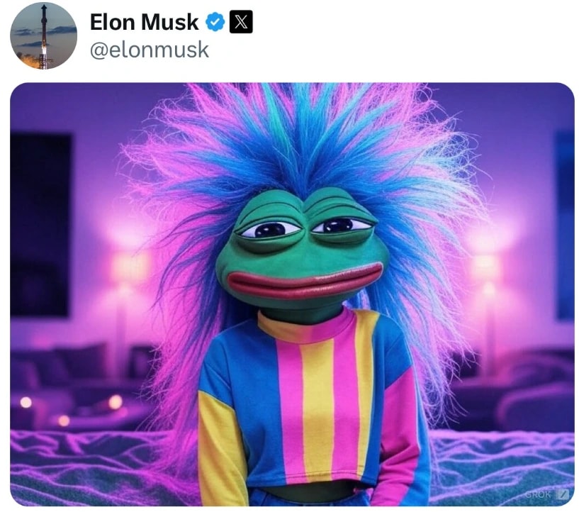 4. A Twitter post from Elon Musk featuring an AI-generated image of Pepe the Frog with spiky neon hair and colorful clothing.
