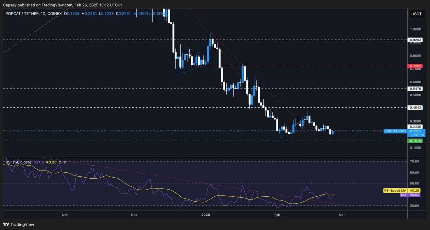 4. A daily chart of POPCATUSDT on CoinEx. The price is struggling at 0.225 with a potential breakdown to 0.15. RSI is near resistance.