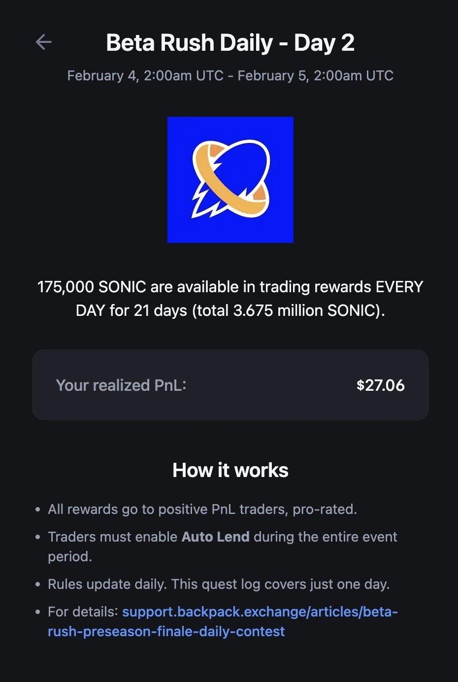 4. Beta Rush Daily event displaying available SONIC rewards, a realized PnL of 27.06, and participation details for daily trading rewards.