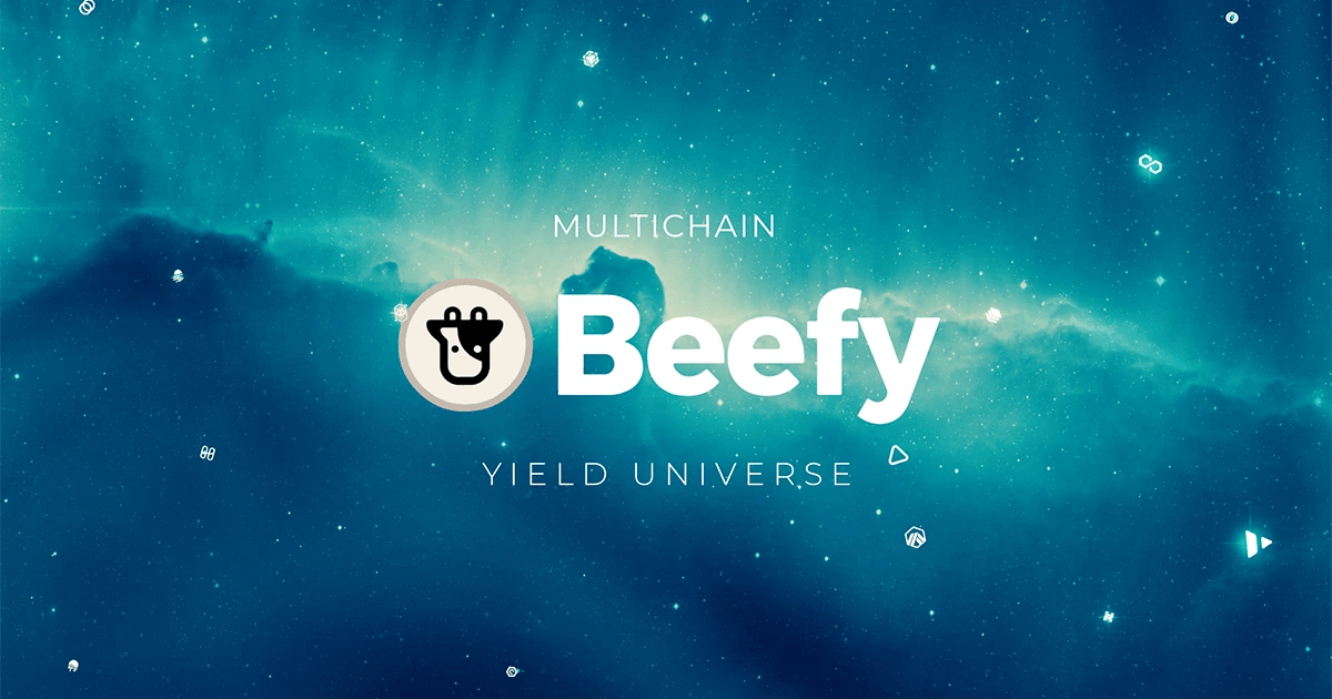 5. A glowing cosmic-themed graphic with the Beefy logo, promoting its multi-chain yield optimization services.