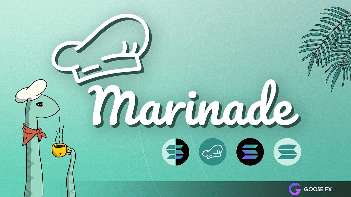 8. A stylized, animated promotional banner for Marinade, featuring a snake mascot sipping tea, representing Solana liquid staking.