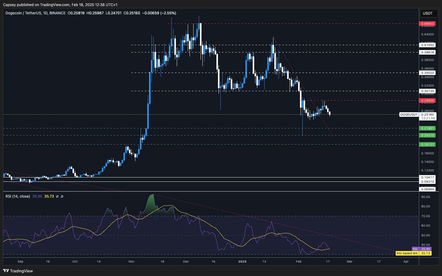 8. Dogecoins daily price action, showing resistance at 0.285 and potential downside targets at 0.20, with RSI reflecting a bearish trend.