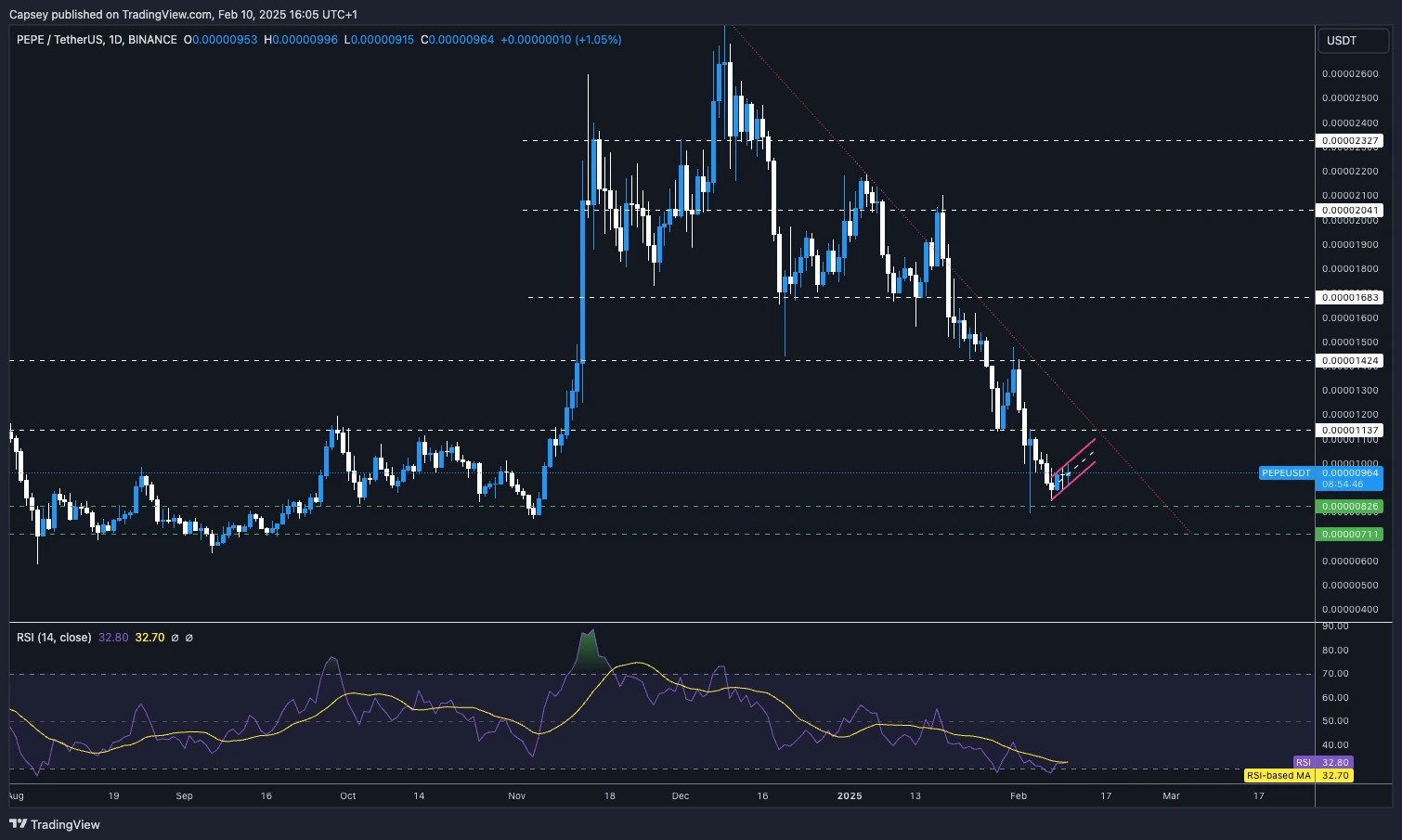 8. PEPE meme coin daily chart displaying downtrend, key support levels, resistance zones, and RSI, signaling potential reversal or further downside.
