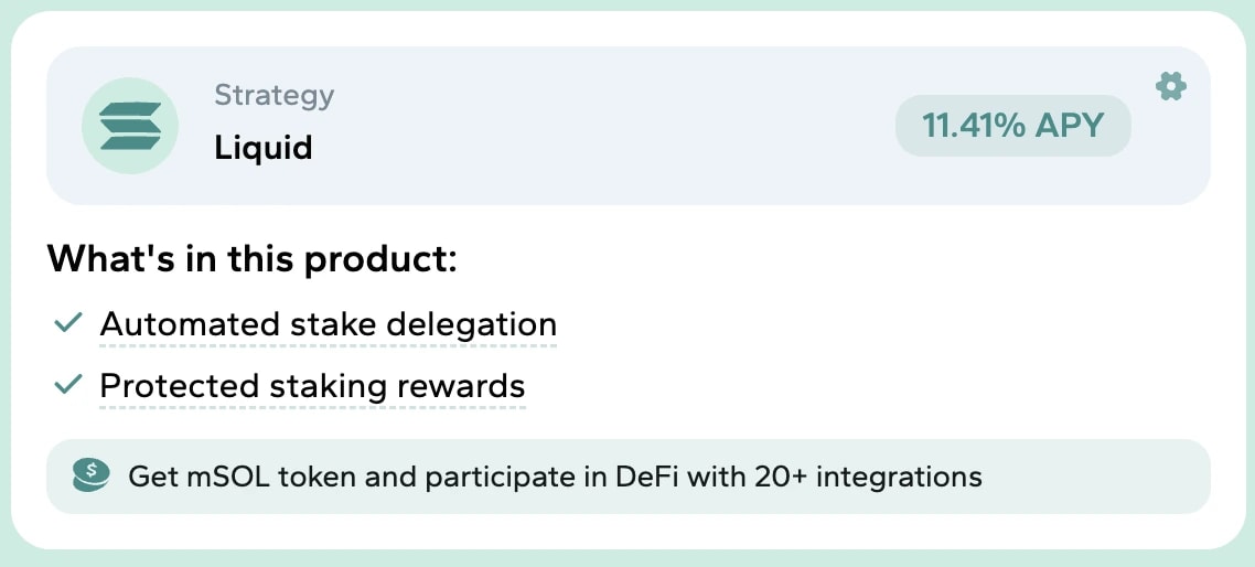 9. A light-themed UI card displaying Marinade’s 11.41 APY for liquid staking, with automated delegation and protected staking rewards.
