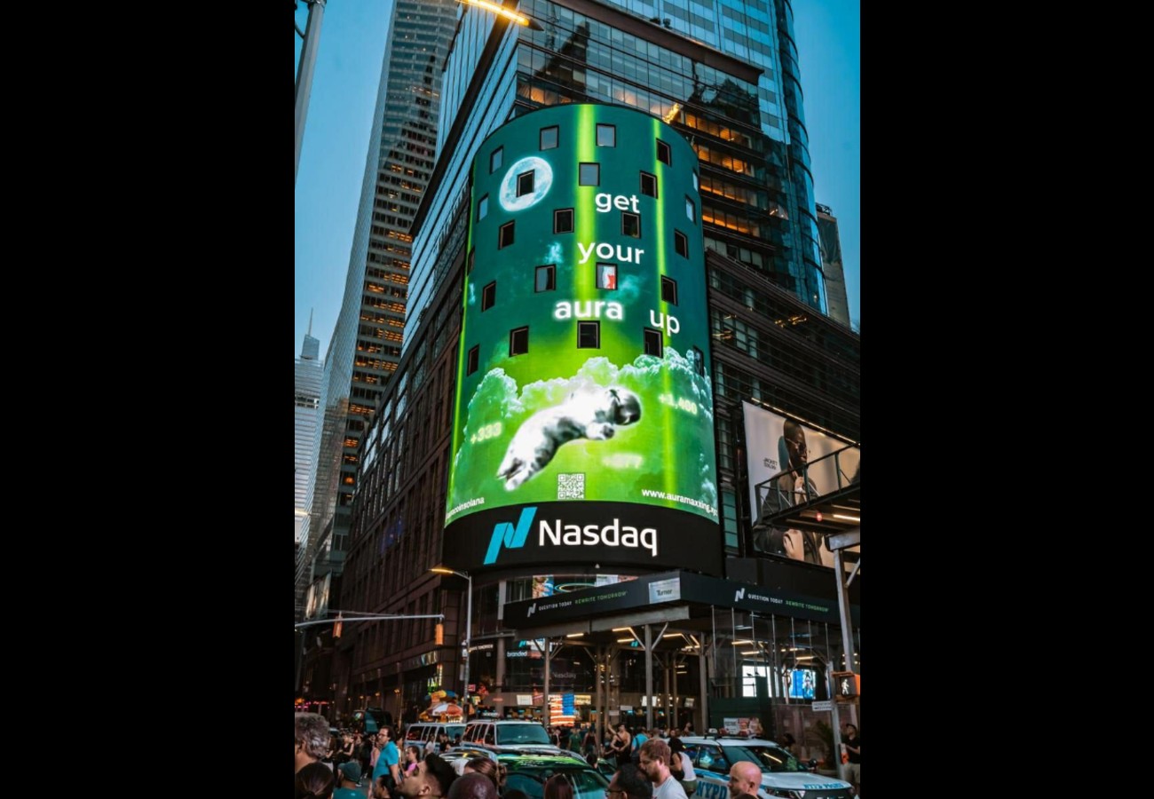 AURA coin advertised in NY Times Square in Summer 2024